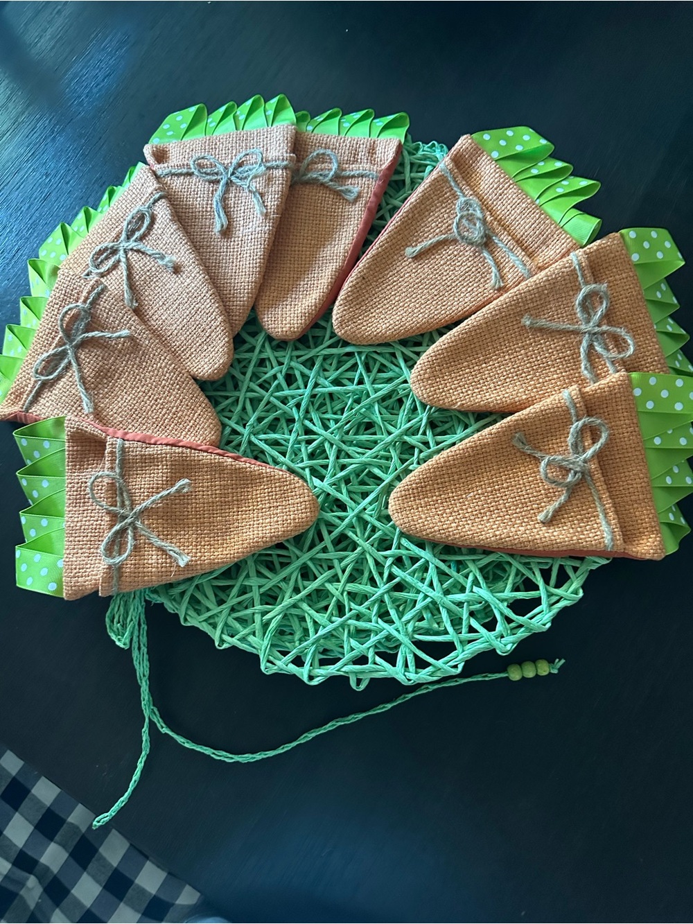 Source Unknown set of 8 bright green placemats and 8 carrot napkin holders